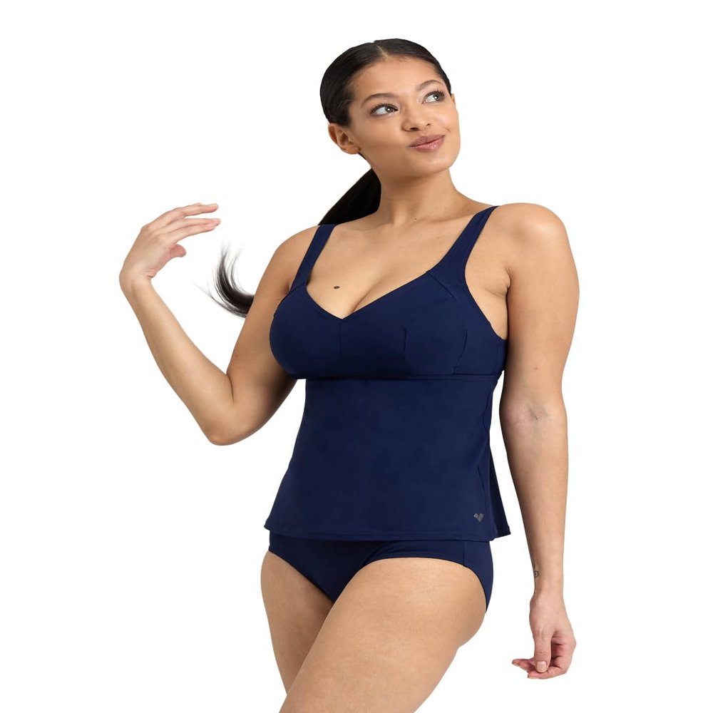 ARENA Bodylift Women's Manuela B-Cup Tankini Two-Piece Shaping Swimsuit Set Tummy Control Bathing Suit U Back, Navy/White Logo, Size 34