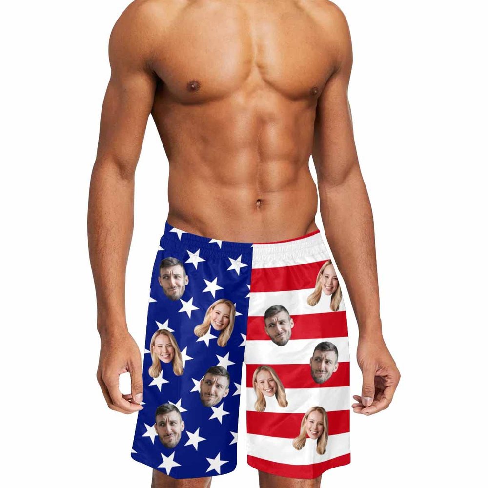 Custom Men's Swim Trunks with Face Photo, Personalized American Flag Print Beach Board Shorts Quick Dry Surfing Swimwear Dog Face Customized Gifts for Dad Husband BF Birthday