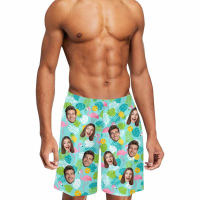 Custom Men's Swim Trunks with Cat Dog Face Photo, Personalized Hawaiian Flamingo Beach Board Shorts Quick Dry Swimwear Surfing Shorts Funny Customized Gifts for Dad Husband BF Birthday Fathers Day