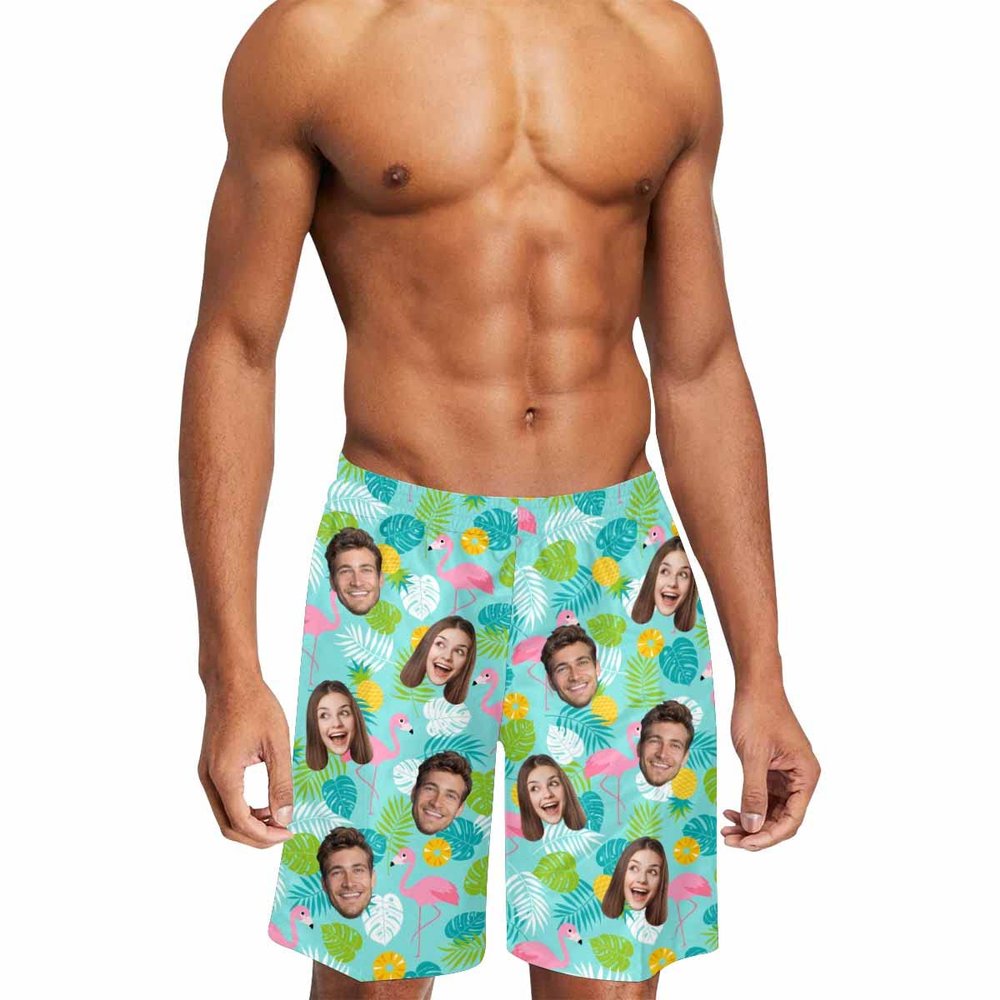 Custom Men's Swim Trunks with Cat Dog Face Photo, Personalized Hawaiian Flamingo Beach Board Shorts Quick Dry Swimwear Surfing Shorts Funny Customized Gifts for Dad Husband BF Birthday Fathers Day