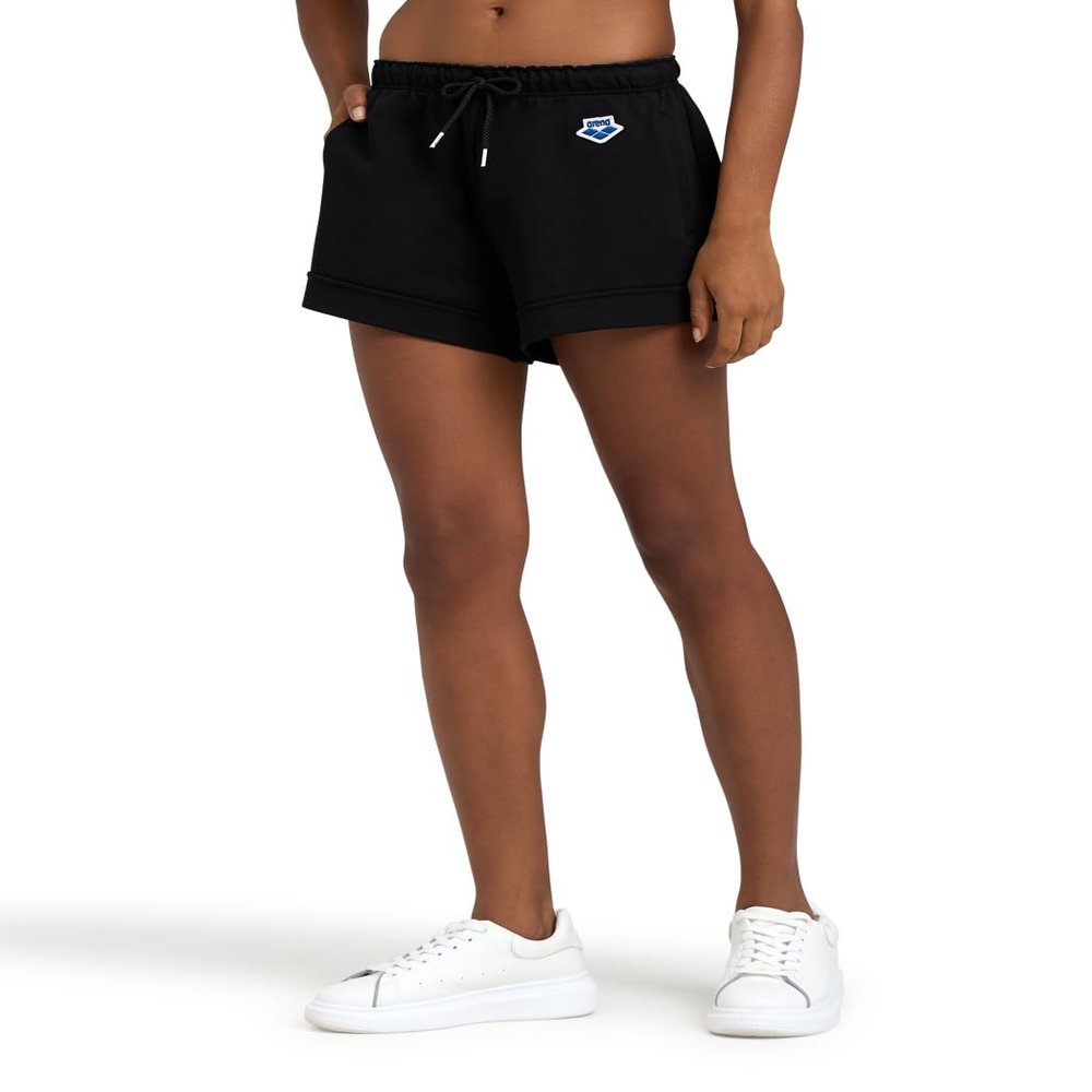 ARENA Icons Women's Sporty Shorts Gym Workout Cotton High Rise Bottoms Loose Fit Side Pockets Elastic Waistband and Drawcord, Black/White Logo, Large