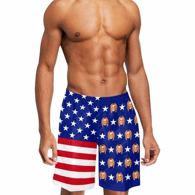 Custom Men's Swim Trunks with Face Photo, Personalized American Flag Print Beach Board Shorts Quick Dry Surfing Swimwear Dog Face Customized Gifts for Dad Husband BF Birthday