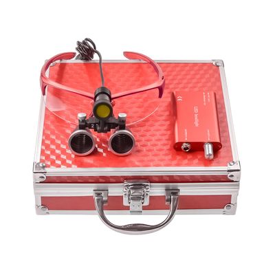 5W Head Magnifier Adjustable Spotlight Headlight Matte Frame 2.5X Binocular Magnifying Glass with Aluminum Box Red