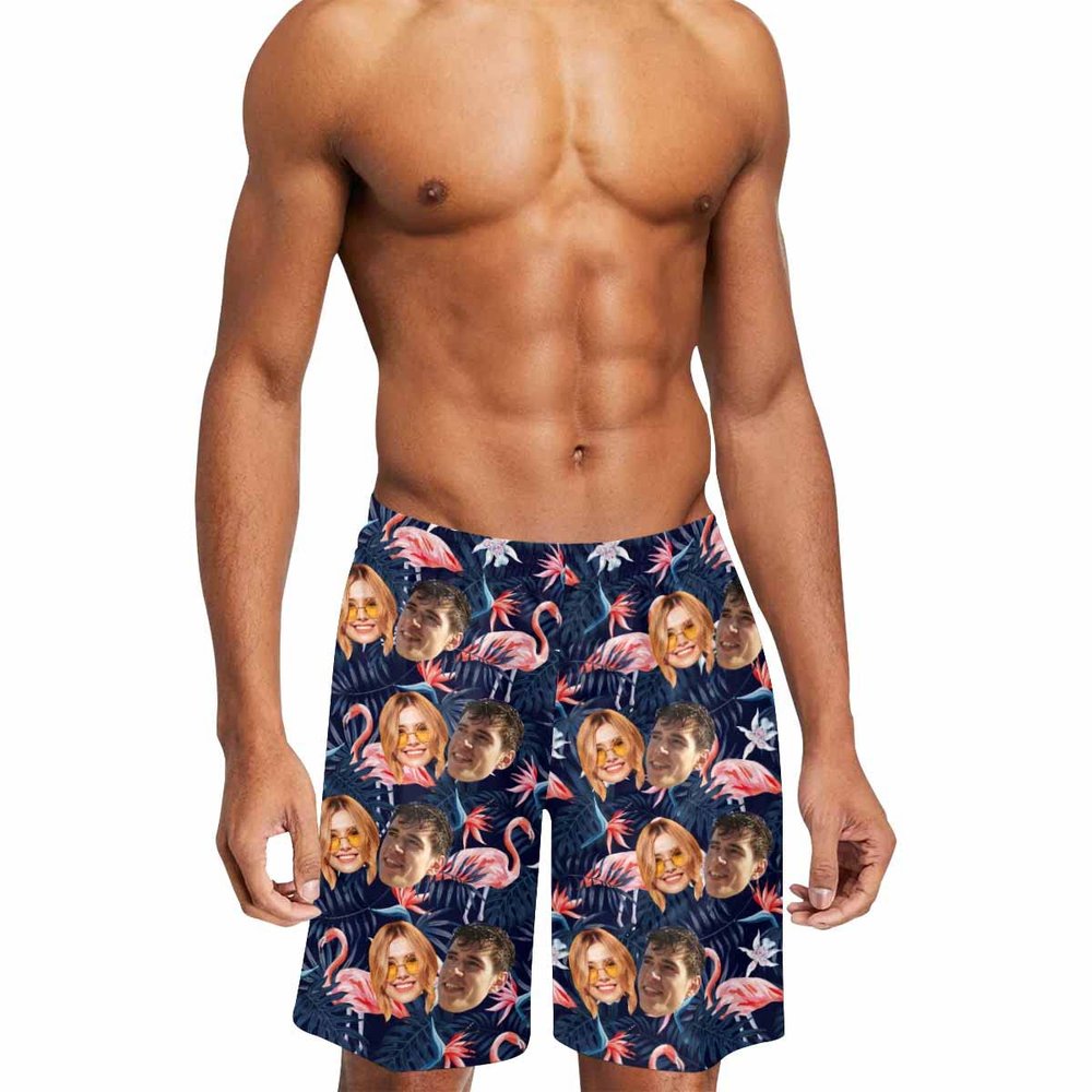 Custom Men's Swim Trunks with Cat Dog Face Photo, Personalized Hawaiian Flamingo Beach Board Shorts Quick Dry Swimwear Surfing Shorts Funny Customized Gifts for Dad Husband BF Birthday Fathers Day