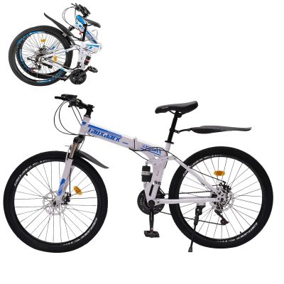 TFCFL 26" Folding City Bike Bicycle, 21-Speed Folding Bicycle for Adult, Camping Bicycle, Height Adjustable Folding Bike,with Mudguard, Mountain Bicycle for Roadways, Mountains, Racing, Blue&White