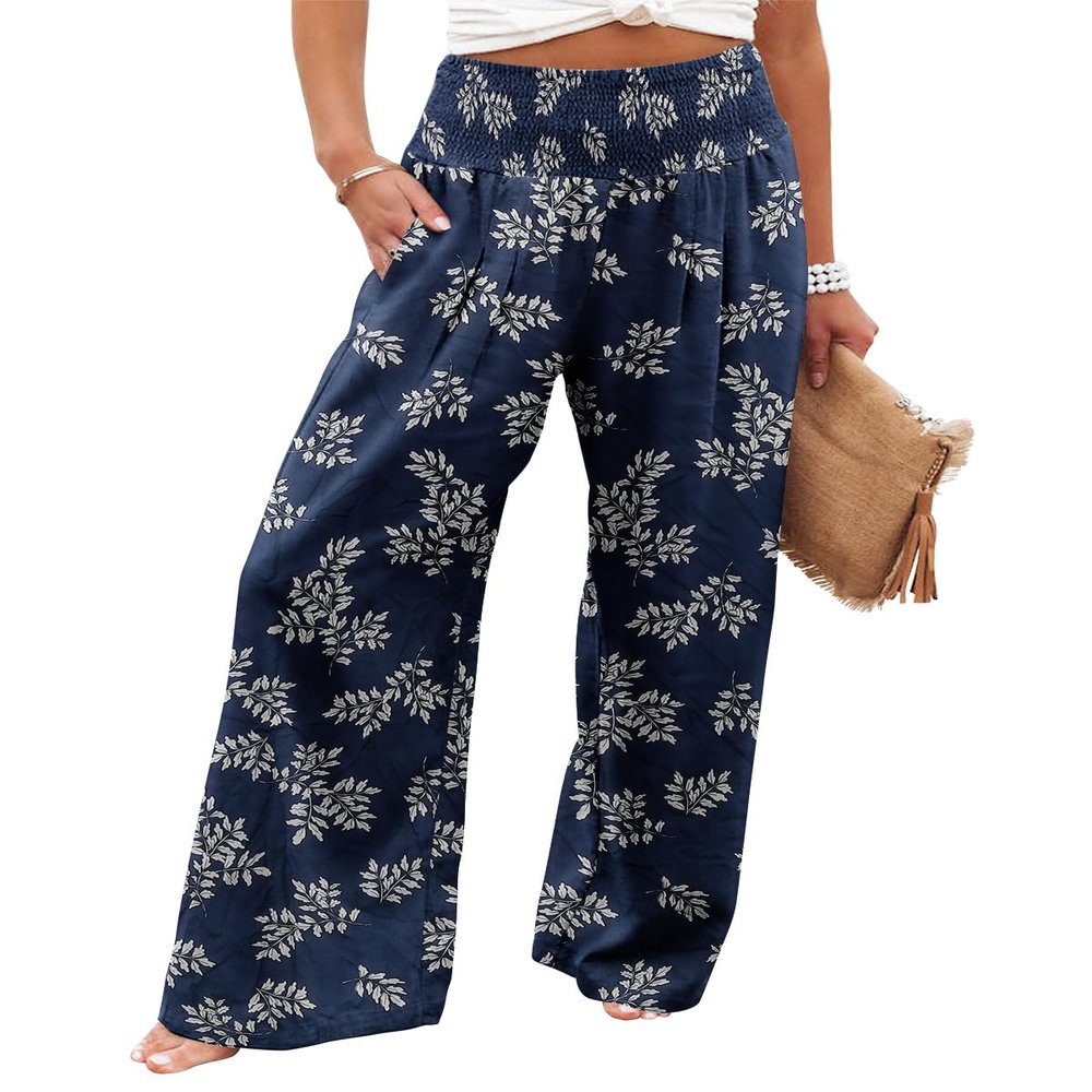 Angerella Women Summer High Waisted Trendy Lightweight Palazzo Pants Wide Leg Long Lounge Pant Trousers Dark Blue XL