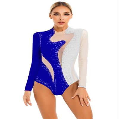 vastwit Women Shiny Rhinestone Gymnastics Leotard Long Sleeve Ballet Dance Bodysuit Dancewear White&Royal Blue03 Large