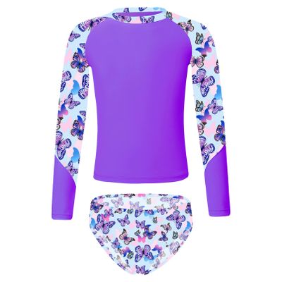 Moily Little Girls Rashguard Set Long Sleeve Mermaid Scale Tank Top with Ruffles Bottoms Bikini Sunsuit Beachwear S-Purple 16 Years