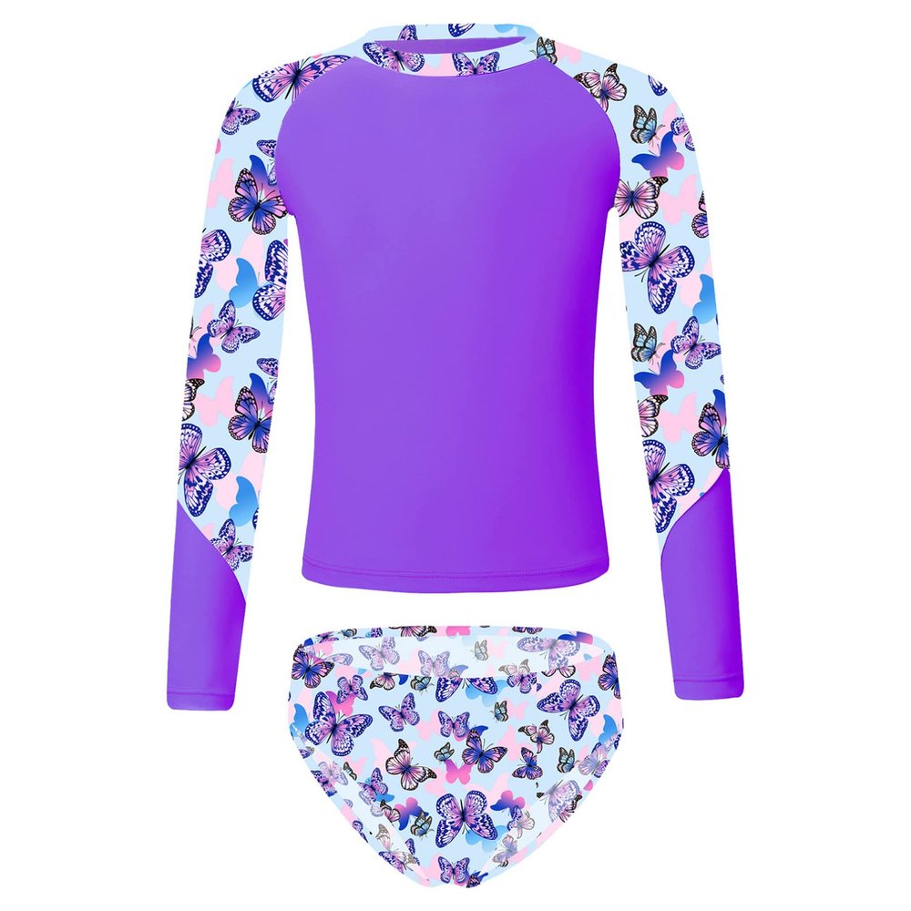 Moily Little Girls Rashguard Set Long Sleeve Mermaid Scale Tank Top with Ruffles Bottoms Bikini Sunsuit Beachwear S-Purple 16 Years