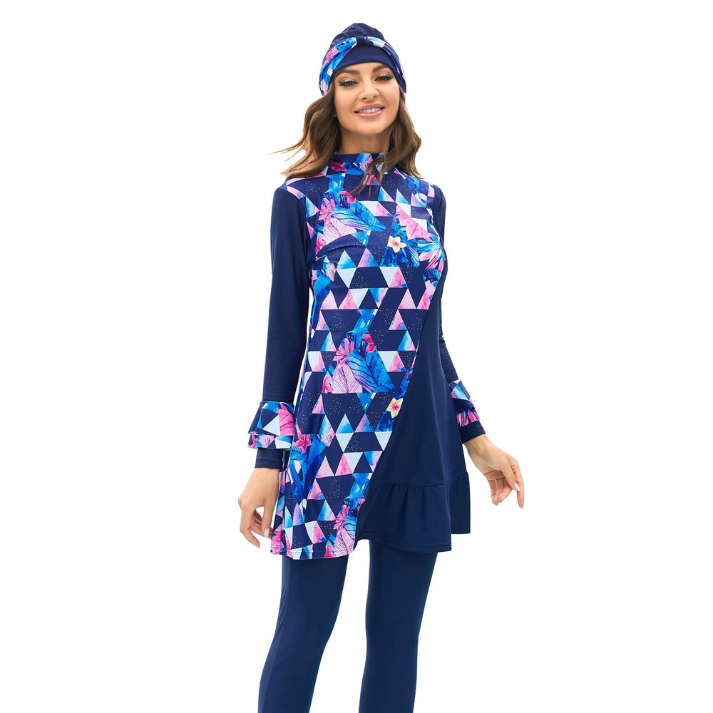 AWIBMK Womens Muslim Swimsuits Long Sleeve Solid Color Leaf Print Full Coverage Swimwear Modest Islamic Ladies Beachwear Swimming Burkini Hijab Swim Bathing Suit S-4XL Blue Floral Small