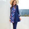 AWIBMK Womens Muslim Swimsuits Long Sleeve Solid Color Leaf Print Full Coverage Swimwear Modest Islamic Ladies Beachwear Swimming Burkini Hijab Swim Bathing Suit S-4XL Blue Floral Small view 2
