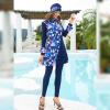 AWIBMK Womens Muslim Swimsuits Long Sleeve Solid Color Leaf Print Full Coverage Swimwear Modest Islamic Ladies Beachwear Swimming Burkini Hijab Swim Bathing Suit S-4XL Blue Floral Small view 3