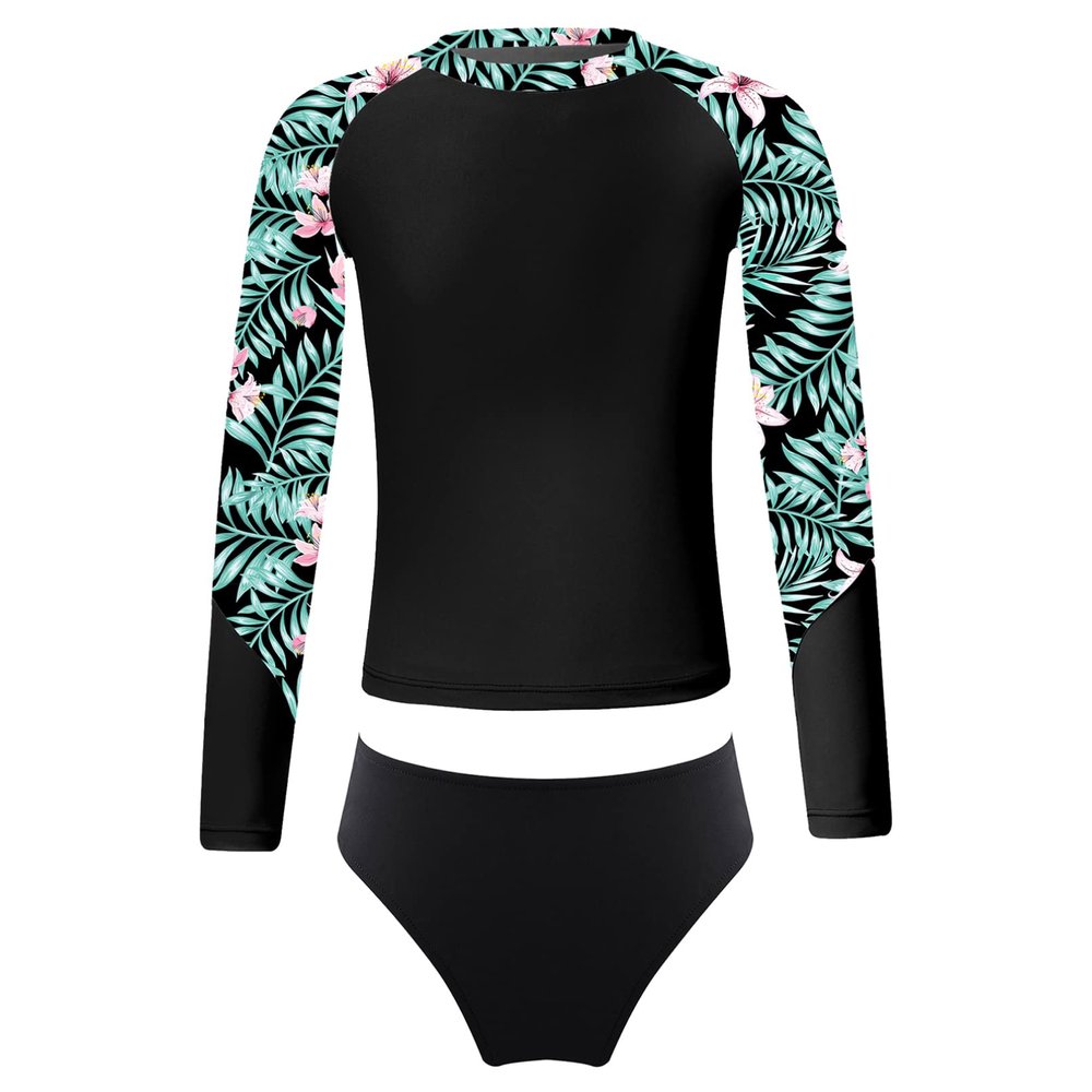 Moily Little Girls Rashguard Set Long Sleeve Mermaid Scale Tank Top with Ruffles Bottoms Bikini Sunsuit Beachwear S-Green&Black 8 Years