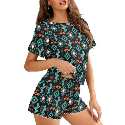 JEOCODY Western Pajamas for Women Short Short Sleeve Sleepwear Nightwear Set with Shirts and Pants Casual Loungewear for Teen Girls Size S-5XL,Aztec Tribal and Cactus Print