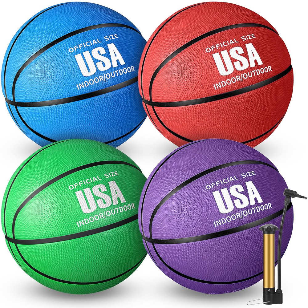 Libima 4 Pcs Rubber Basketball with Pump Official Size Indoor Outdoor Basketball Game Practice Training Kids Women Men Streetball Back to School Sport Gift(Size 6,Red, Green, Purple, Blue)