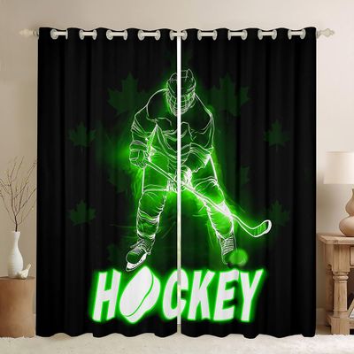 Ice Hockey Blackout Curtains,Pucks Sports Ball Games Curtains for Living Room,Extreme Sport Curtains & Drapes 2 Panels 52"Wx63"L,Hockey Player Window Treatments Glitter Lightning Decor Green Black