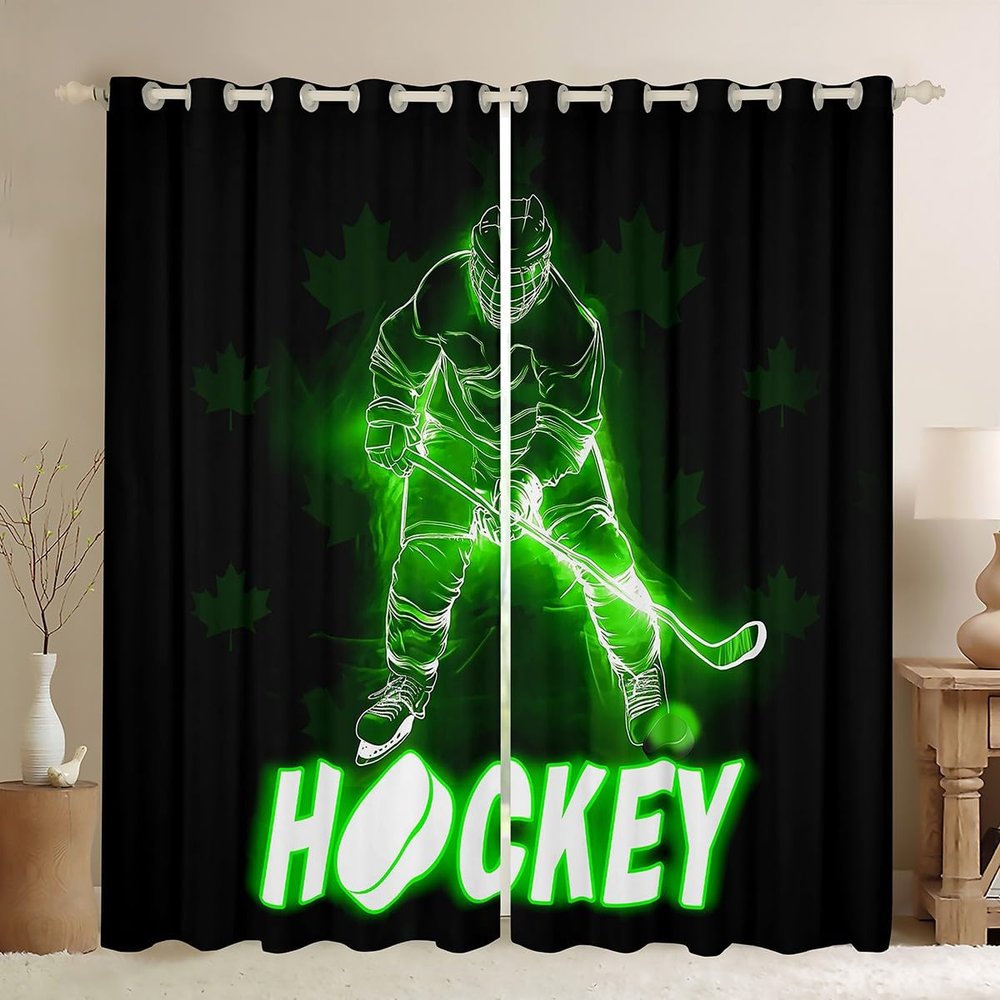 Ice Hockey Blackout Curtains,Pucks Sports Ball Games Curtains for Living Room,Extreme Sport Curtains & Drapes 2 Panels 52"Wx63"L,Hockey Player Window Treatments Glitter Lightning Decor Green Black