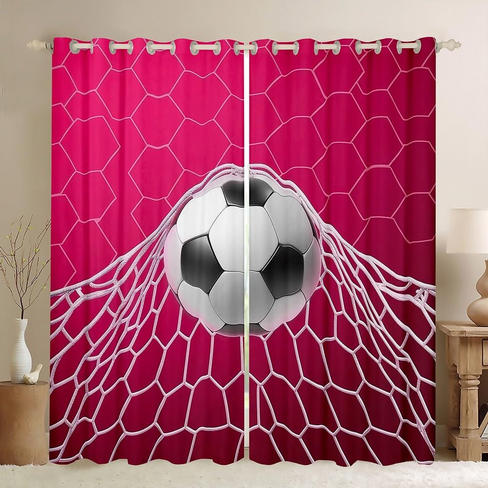 3D Football Blackout Curtains,Soccer Sports Games Curtains,Hexagon Honeycomb Curtains & Drapes 2 Panels 52"Wx63"L,Extreme Sport Window Treatments Football Net Bedroom Decor Tele Magenta Pink