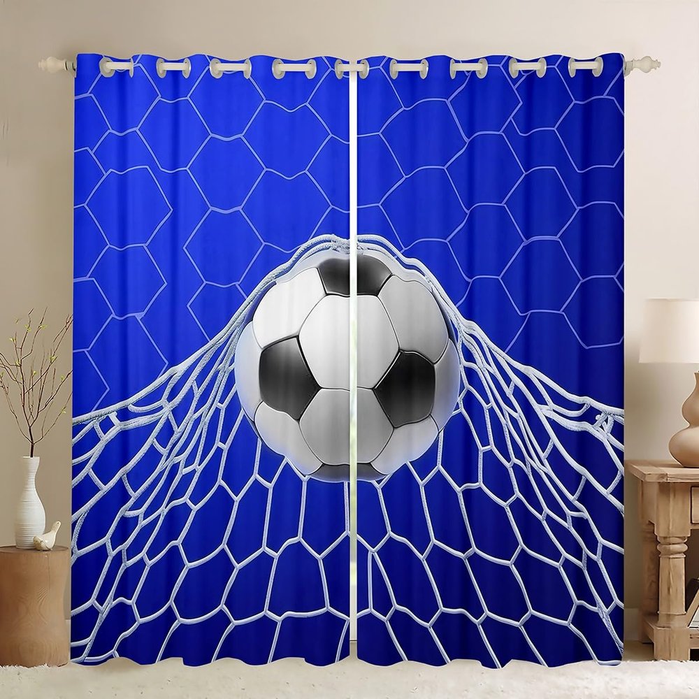 3D Football Blackout Curtains,Soccer Sports Games Curtains,Hexagon Honeycomb Curtains & Drapes 2 Panels 52"Wx63"L,Extreme Sport Window Treatments Football Net Bedroom Decor Navy Dark Blue