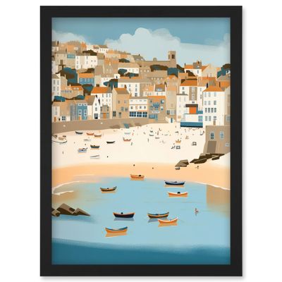 Artery8 Small Boats in St Ives Bay Coastal Cityscape Artwork Framed Wall Art Print A4