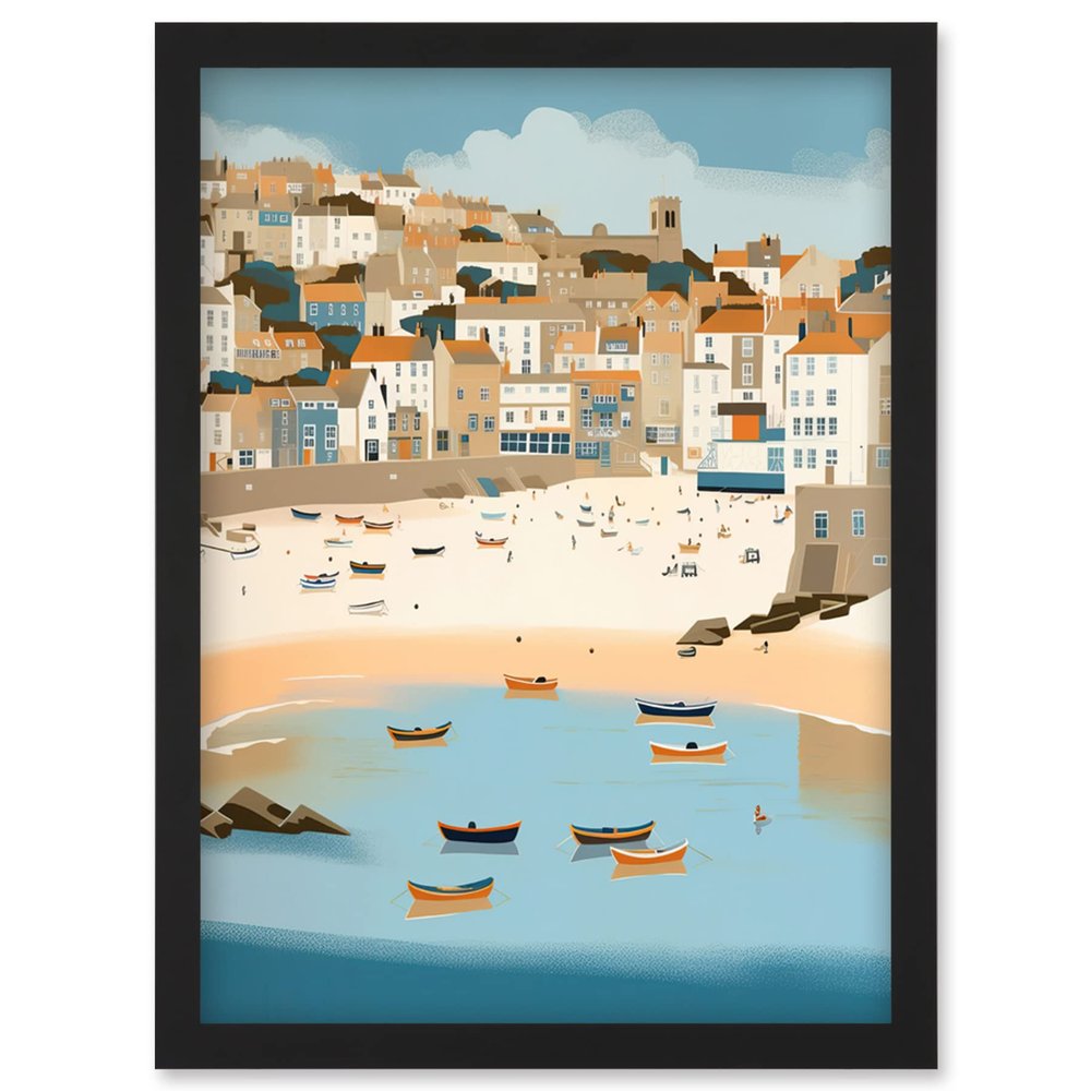 Artery8 Small Boats in St Ives Bay Coastal Cityscape Artwork Framed Wall Art Print A4