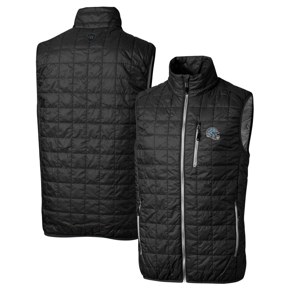 Cutter & Buck Men's Black Detroit Lions Helmet Rainier Primaloft Eco Insulated Full-Zip Puffer Vest