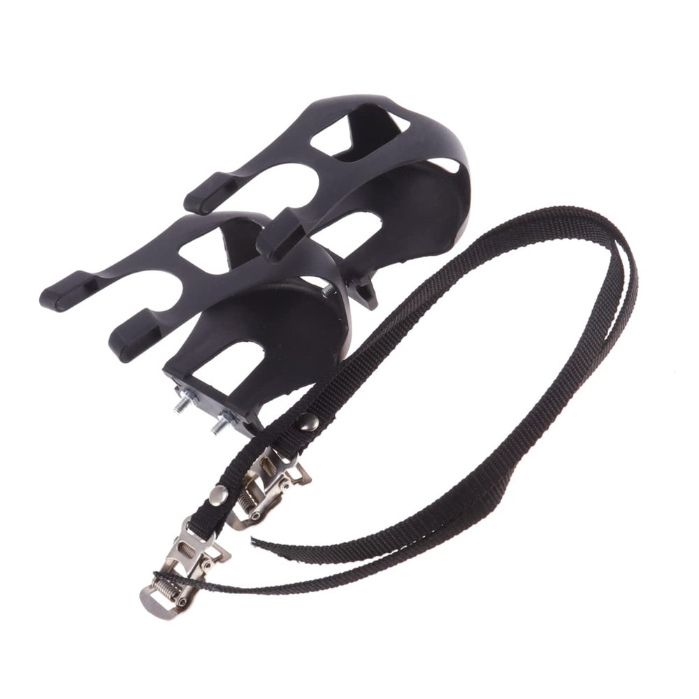 BESPORTBLE 2pcs Adjustable Bike Toe Clips with Fixed Straps - Plastic Pedal Safety Clips for Mountain and Road Cycling Black