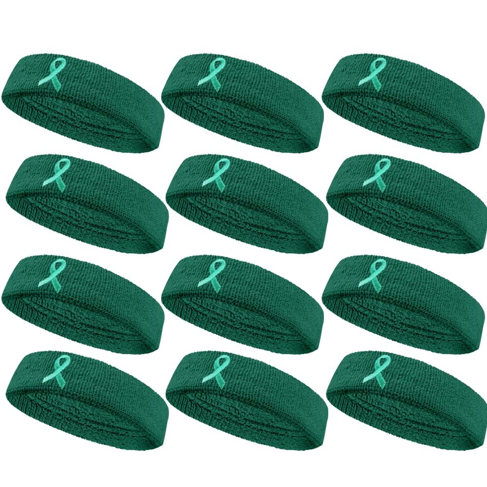 COUVER Sweatbands Sports Headband Moisture Wicking Athletic Cotton Terry Cloth Sweatband for Tennis, Basketball, Running, Gym, Working Out for Men & Women Multi-Packs - Teal w/Ribbon, 12 Pieces