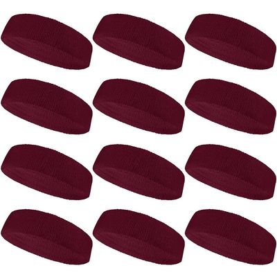 COUVER Sweatbands Sports Headband Moisture Wicking Athletic Cotton Terry Cloth Sweatband for Tennis, Basketball, Running, Gym, Working Out for Men & Women Multi-Packs - Maroon, 12 Pieces