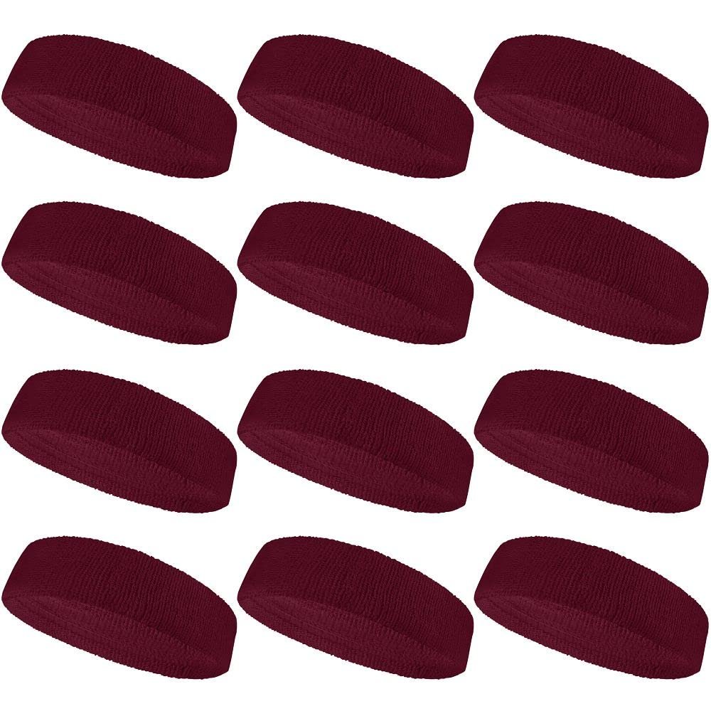 COUVER Sweatbands Sports Headband Moisture Wicking Athletic Cotton Terry Cloth Sweatband for Tennis, Basketball, Running, Gym, Working Out for Men & Women Multi-Packs - Maroon, 12 Pieces