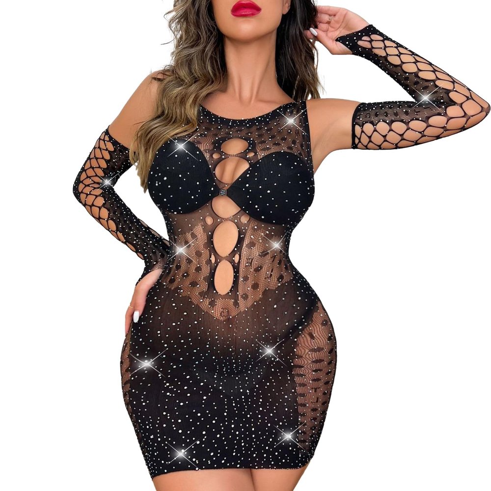 Aswitnove Women Sexy Fishnet Dress Sparkle Rhinestone Babydoll Bodysuit Elastic Plus Size Lingerie Outfit Black