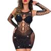 Aswitnove Women Sexy Fishnet Dress Sparkle Rhinestone Babydoll Bodysuit Elastic Plus Size Lingerie Outfit Black view 1