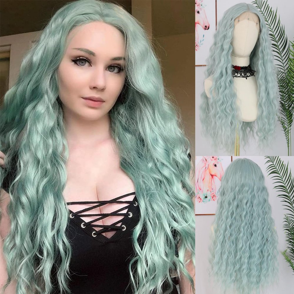 ANDRIA Mint Green Curly Lace Front Wig Glueless Loose Curly Wave Colorful Wigs for Women Long Wavy Synthetic Middle Part Light Green Heat Resistant Natural Hair 24Inch Cosplay Party