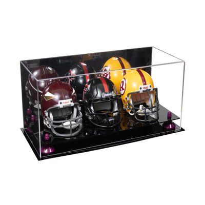 Better Display Cases Acrylic Three Mini - Miniature Football Helmet (not Full Size) Display Case with Mirror Case, Purple Risers and Black Base 19.25" x 8.25" x 8" (V47/A103)