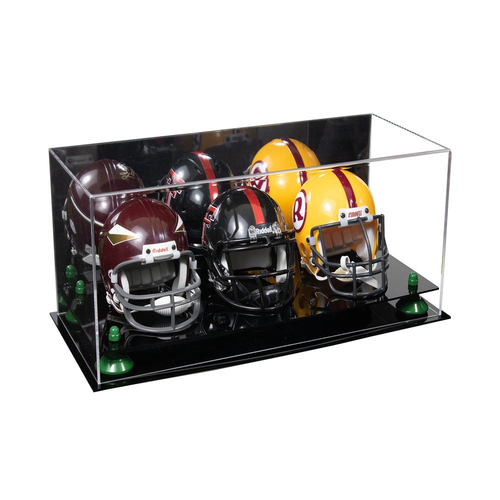 Better Display Cases Acrylic Three Mini - Miniature Football Helmet (not Full Size) Display Case with Mirror Case, Green Risers and Black Base 19.25" x 8.25" x 8" (V47/A103)