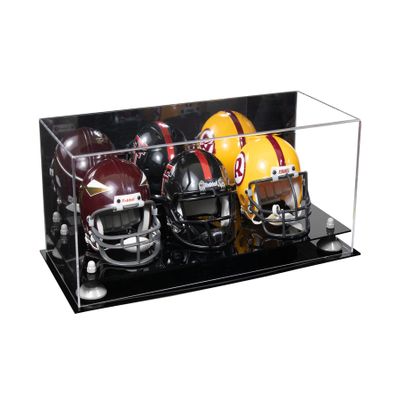 Better Display Cases Acrylic Three Mini - Miniature Football Helmet (not Full Size) Display Case with Mirror Case, White Risers and Black Base 19.25" x 8.25" x 8" (V47/A103)