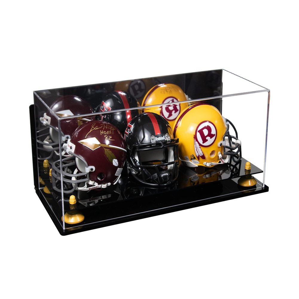 Better Display Cases Acrylic Three Mini - Miniature Football Helmet (not Full Size) Display Case with Mirror Case, Yellow Risers, Black Base and Wallmount 19.25" x 8.25" x 8" (V47/A103)