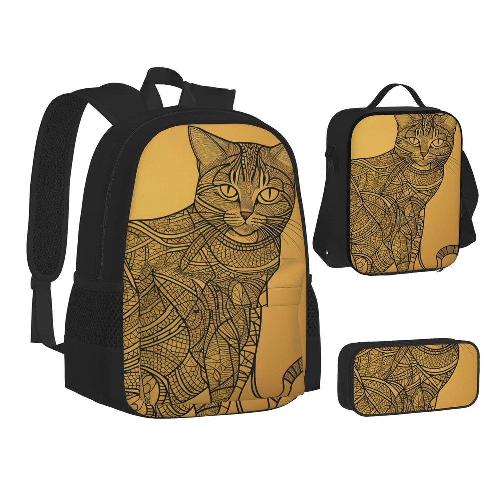 Abstract Cats Three-Piece Backpack Set With Pocket Backpack Cross-Body Lunch Bag Pen Bag For Travel Daypack