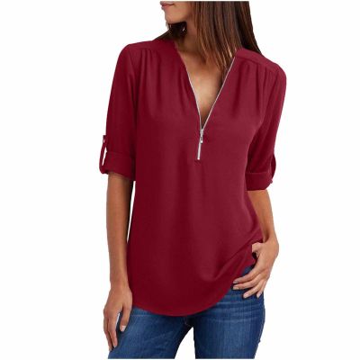 Women's Half Zip Work Casual Top Dressy V Neck Chiffon Blouse Cute Long Sleeve Solid Tunic Dress Shirts Plus Size Wine