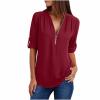 Women's Half Zip Work Casual Top Dressy V Neck Chiffon Blouse Cute Long Sleeve Solid Tunic Dress Shirts Plus Size Wine view 1