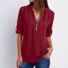 Women's Half Zip Work Casual Top Dressy V Neck Chiffon Blouse Cute Long Sleeve Solid Tunic Dress Shirts Plus Size Wine view 2