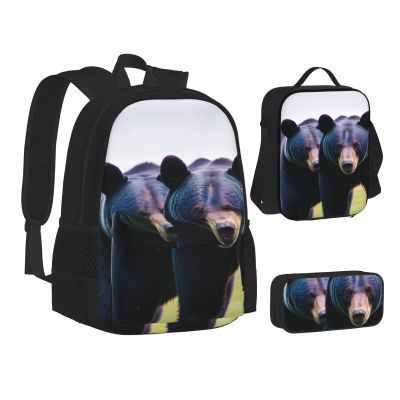 Bears Three-Piece Backpack Set With Pocket Backpack Cross-Body Lunch Bag Pen Bag For Travel Daypack