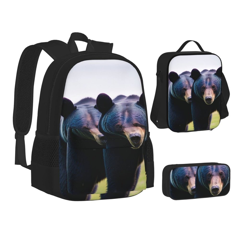 Bears Three-Piece Backpack Set With Pocket Backpack Cross-Body Lunch Bag Pen Bag For Travel Daypack