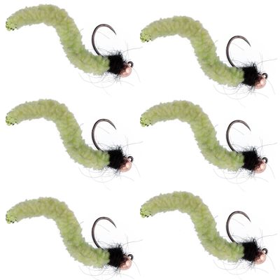 The Fly Fishing Place Tungsten Bead Chartreuse Wormy Mop Fly Tactical Jig Czech Euro Nymph Barbless Nymphing Fly - 6 Flies Size 14