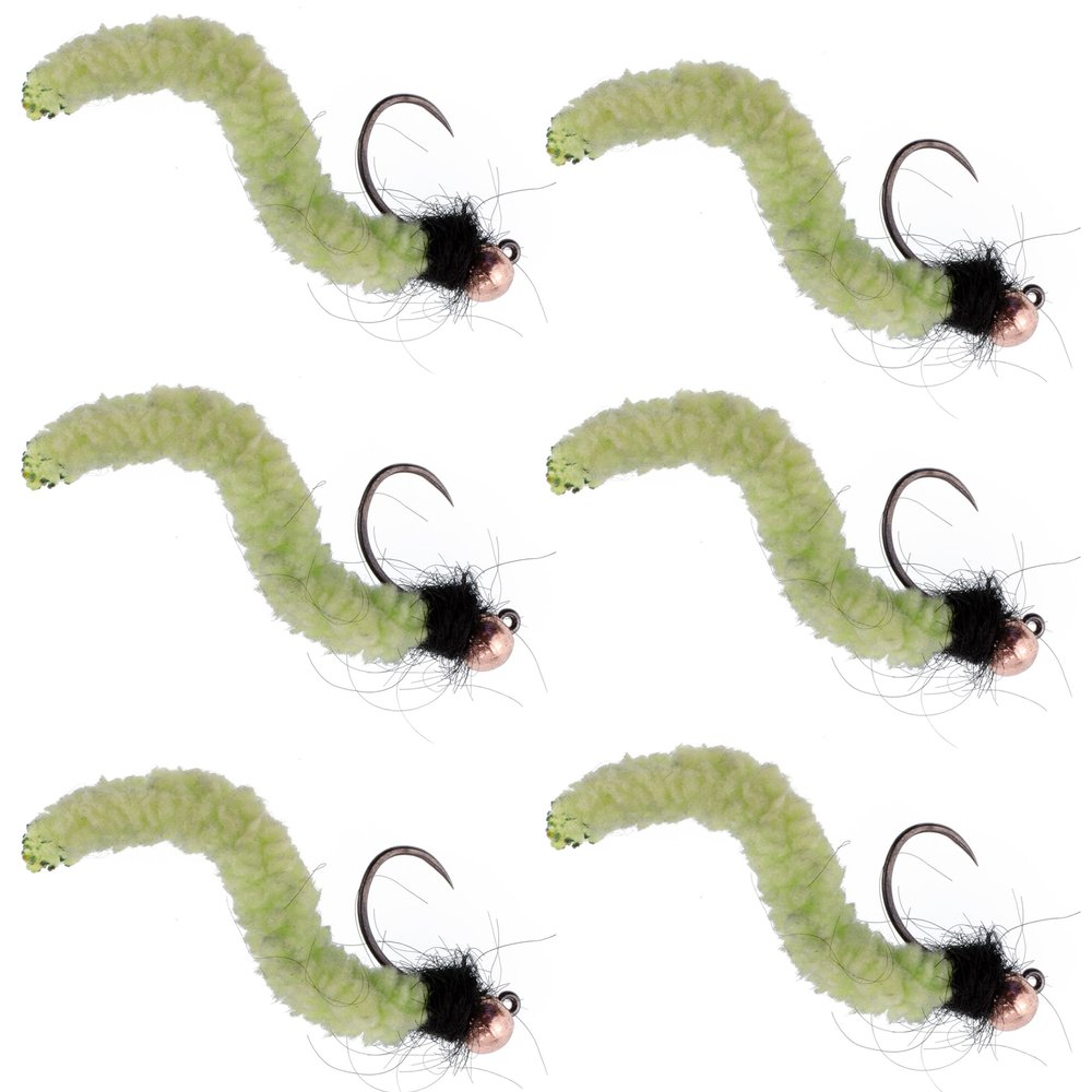 The Fly Fishing Place Tungsten Bead Chartreuse Wormy Mop Fly Tactical Jig Czech Euro Nymph Barbless Nymphing Fly - 6 Flies Size 14