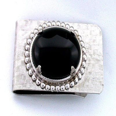 25x18 Oval Black Onyx Cab Gem Silver Color Money Clip 1 4/5 Inch x 1 Inch PMC90