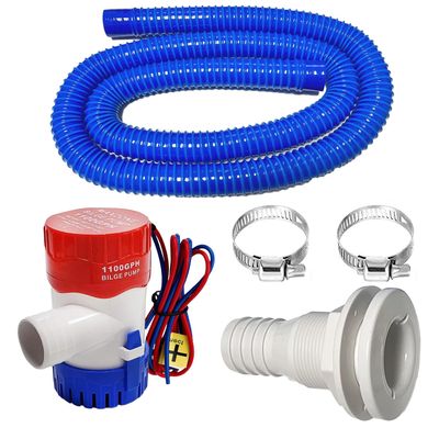 1-1/8 Inch Bilge Pump Plumbing Kit, 1100gph Electric 12v Boat Bilge Water Pump, 6 FT Bilge Pump Hose, 2 Stainless Steel Clamps and Thru-Hull Fitting (Blue)