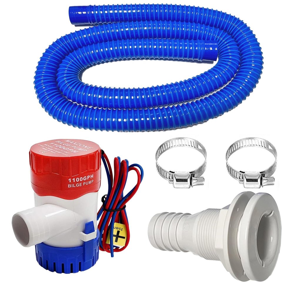 1-1/8 Inch Bilge Pump Plumbing Kit, 1100gph Electric 12v Boat Bilge Water Pump, 6 FT Bilge Pump Hose, 2 Stainless Steel Clamps and Thru-Hull Fitting (Blue)