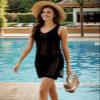 Bellelily Swimsuit Coverup for Women Bathing Suit Cover ups Crochet Beach Tank Dress Hollow Out Slit Bikini Cover Up Sleeveless Dresses Black view 3