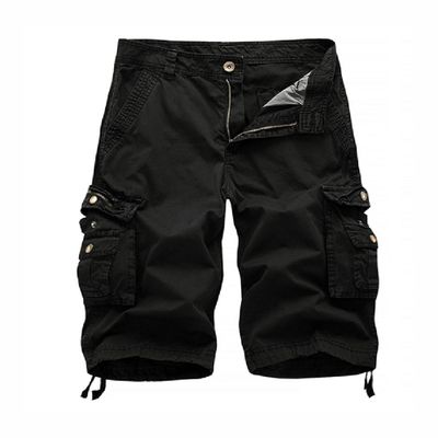 Men's Twill Multi-Pockets Loose Short Pants Drawstring Cotton Zipper Overalls Zipper Cargo Straight Shorts (Black,30)